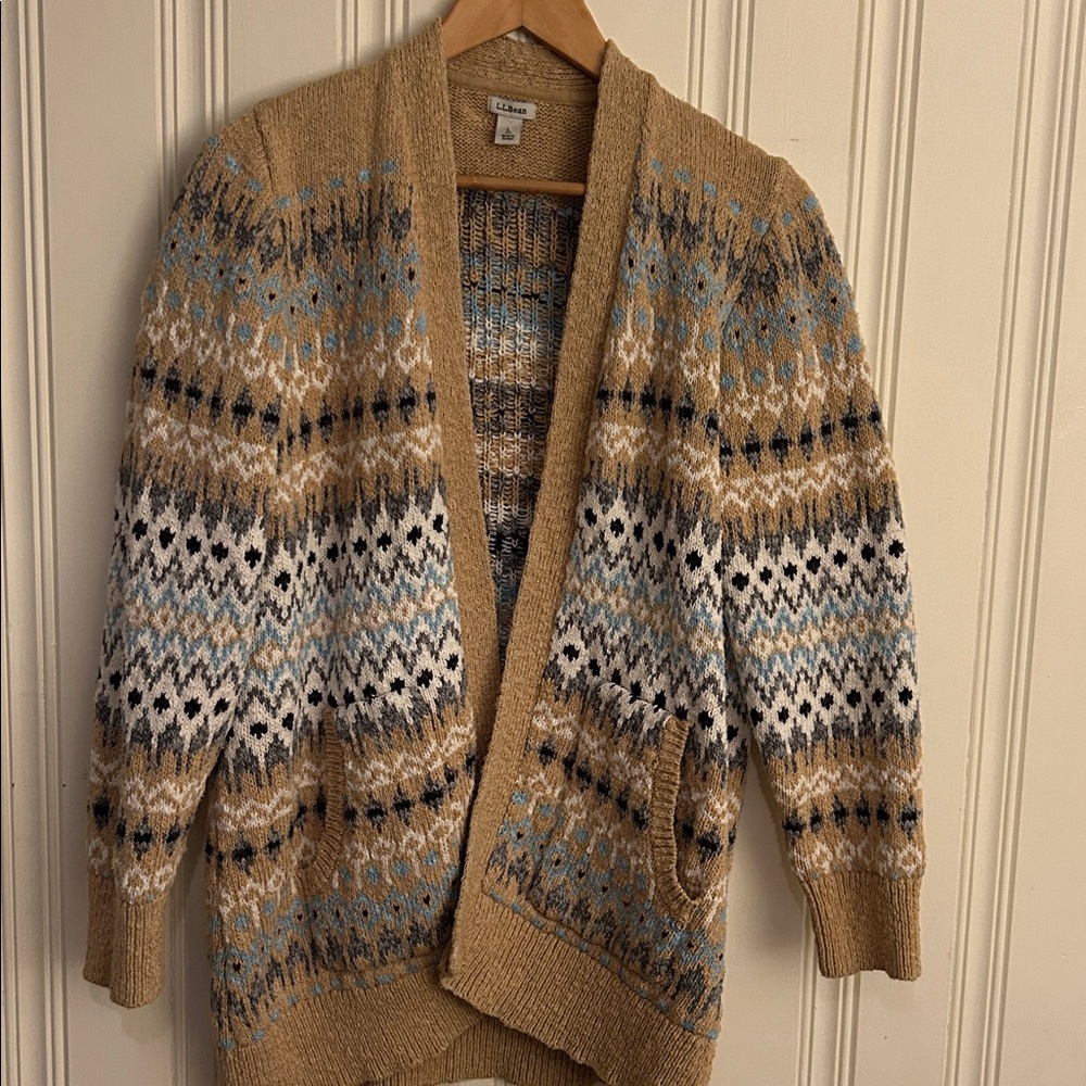 L.L. Bean L Women Cotton Ragg Khaki Open Cardigan SweaterFair Isle Cozy Long EUC - Picture 2 of 11